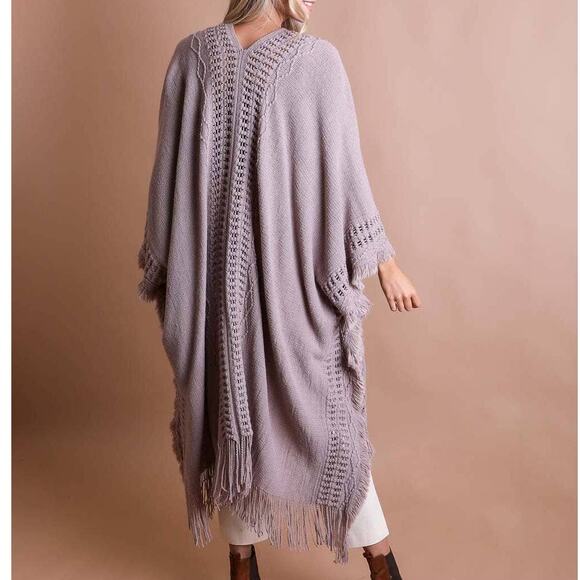 Lilac Grey Open Work Frayed Border Bohemian Ruana Shawl Wrap - Picture 2 of 4